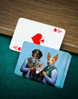Personalized playing cards featuring three custom pet portraits in human clothing, with an Ace of Spades card.