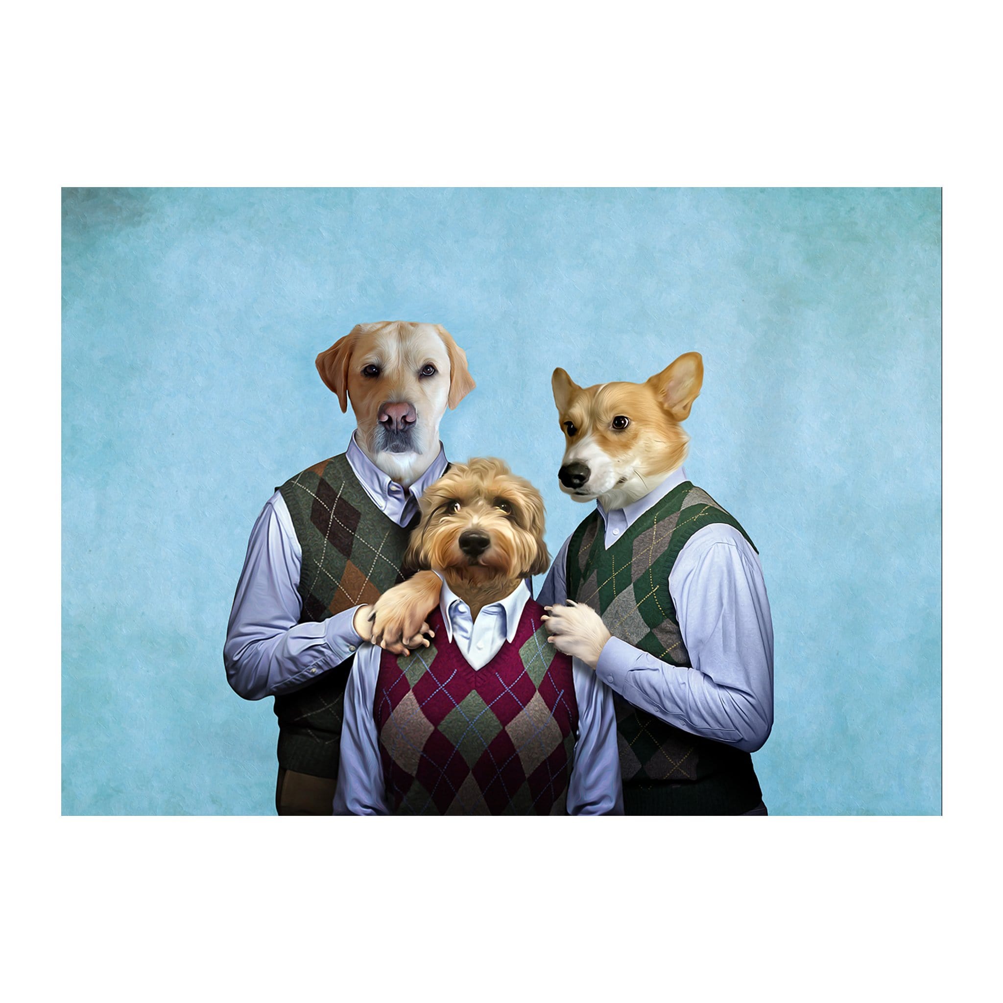Custom digital portrait of three pets in argyle sweater vests on a blue background.