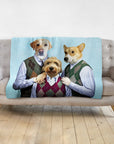 Personalized light blue blanket with three dogs in renaissance-style argyle sweater vest portraits.