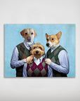 Personalized 'Step Doggos & Doggette' poster featuring three pets in argyle sweaters on a blue background.