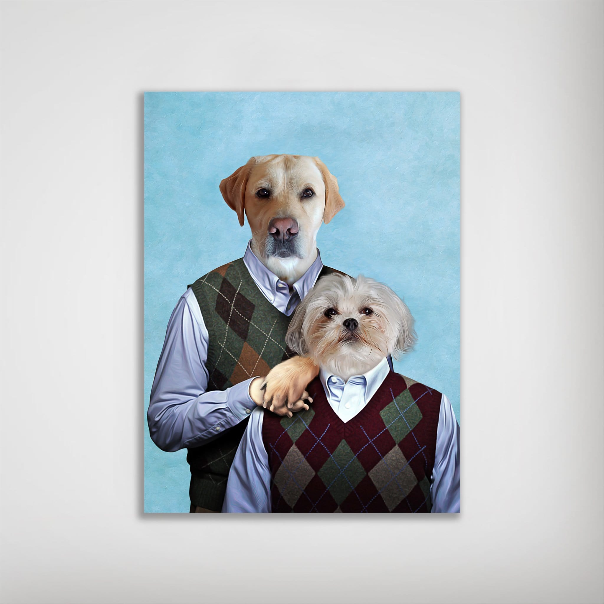 Personalized "Step Doggos" poster featuring a golden retriever and a Maltese in argyle vests on a blue background.