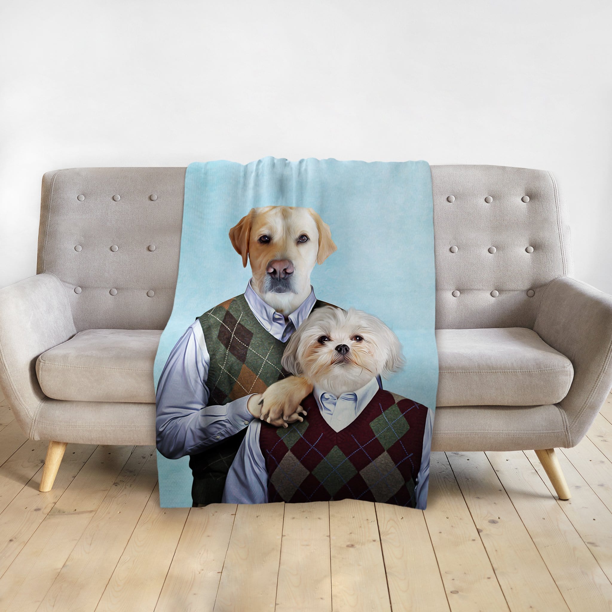 Personalized 2 pet blanket with a golden retriever and white dog in argyle sweater vests.