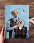 Personalized 2 pet puzzle featuring dogs in argyle sweaters on a light blue background, with hands assembling it.
