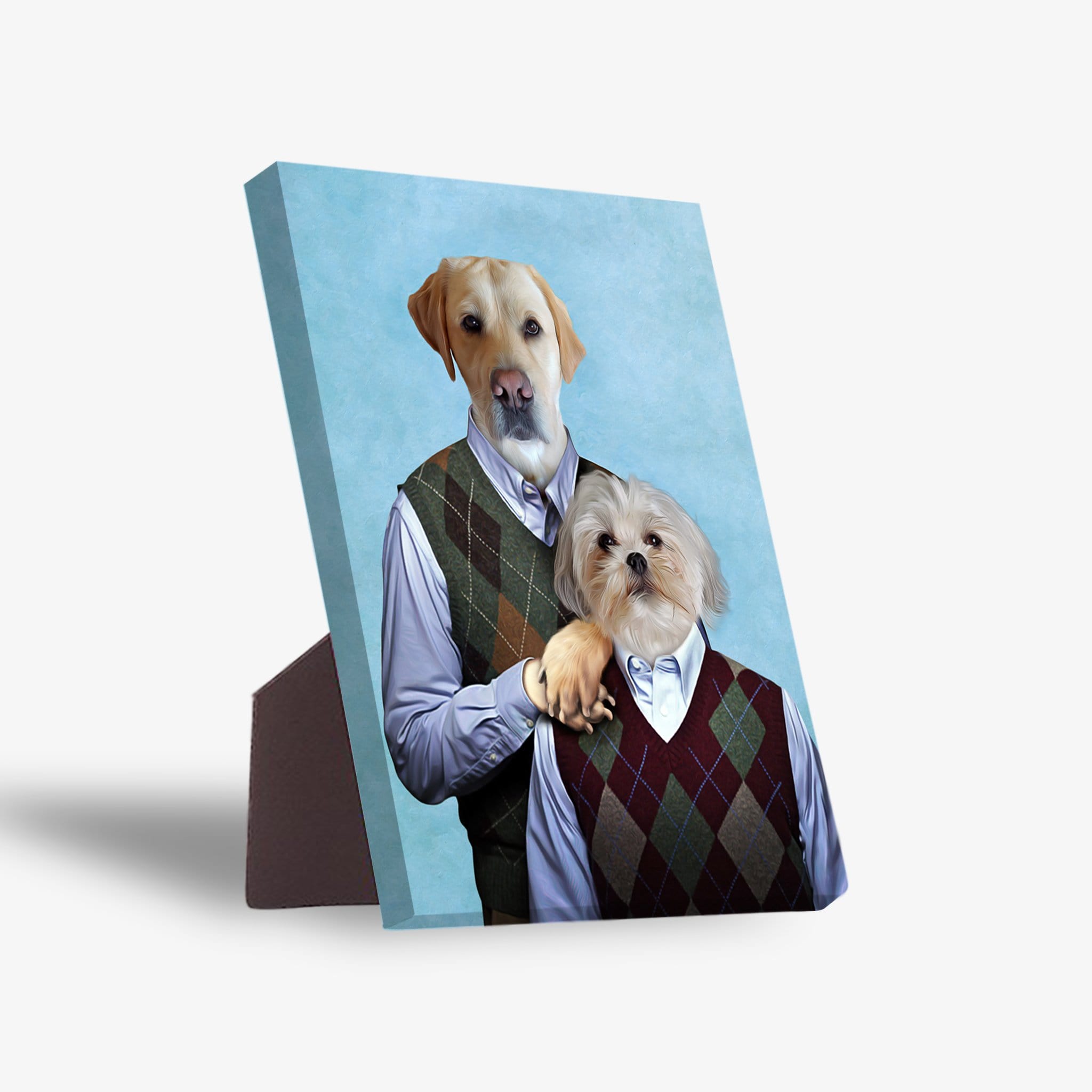 Personalized standing canvas featuring two pets, a golden retriever and a white dog, dressed in argyle sweaters on a blue background.