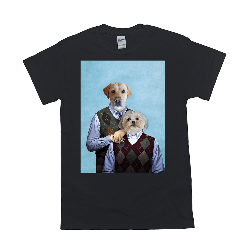 Black Gildan unisex t-shirt featuring a personalized print of two pets, a golden retriever and a shih tzu, dressed in argyle sweaters.
