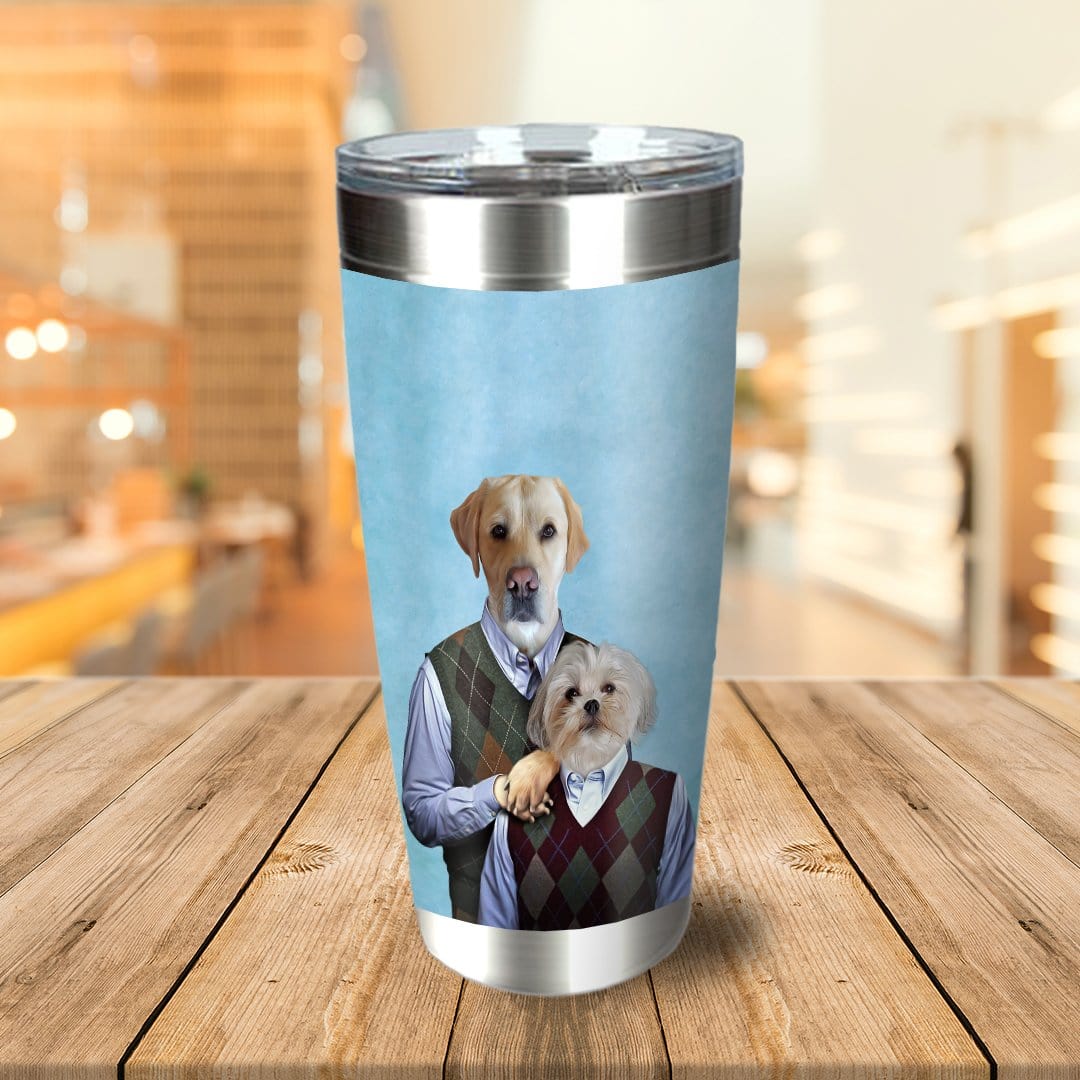Personalized stainless steel tumbler with custom pet portraits of a Labrador and Maltese in argyle vests.