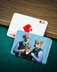 Personalized playing cards featuring a custom portrait of three dogs in human clothing.