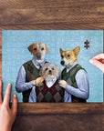Personalized 3-pet puzzle featuring dogs in argyle sweaters, with a hand placing the last piece.