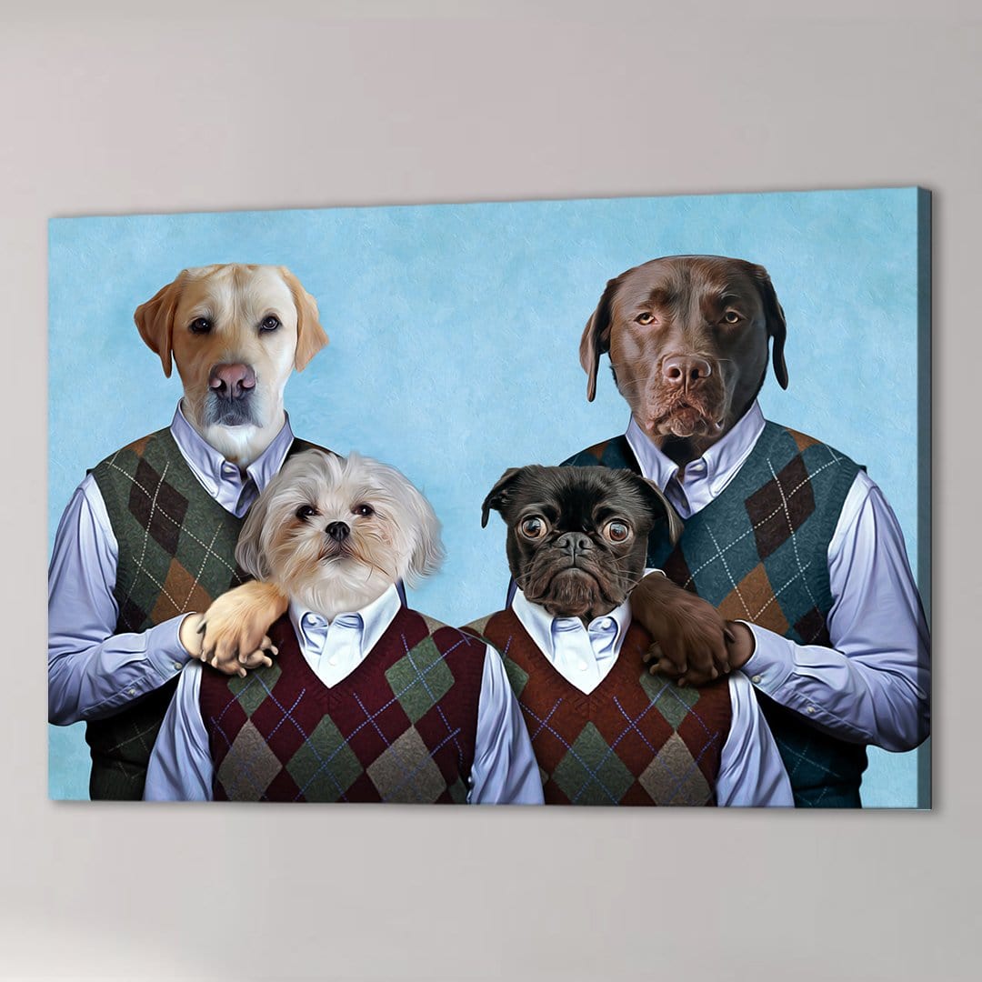 Personalized canvas of four dogs dressed in argyle sweaters and collared shirts against a blue background.
