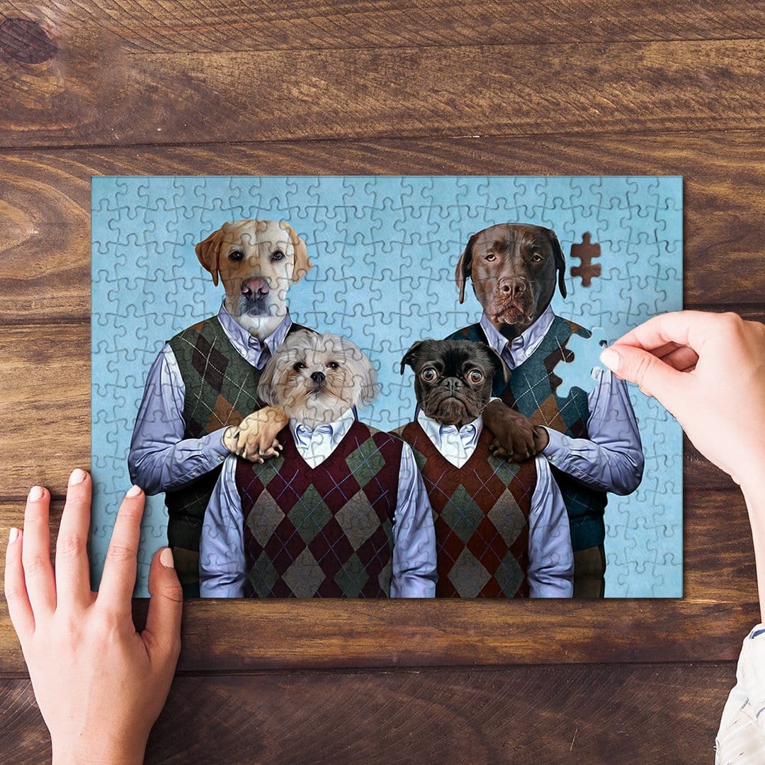 Personalized 4-pet puzzle featuring dogs in argyle sweaters, with a hand placing a piece.