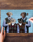 Personalized 4-pet puzzle featuring dogs in argyle sweaters, with a hand placing a piece.
