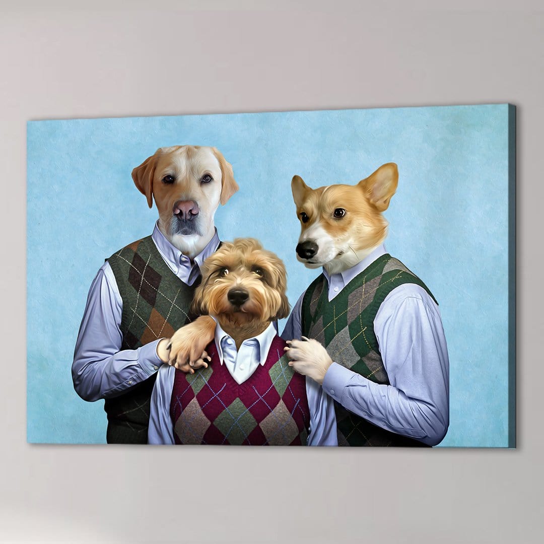 Personalized canvas featuring three pets in argyle sweater vests and collared shirts on a blue background.