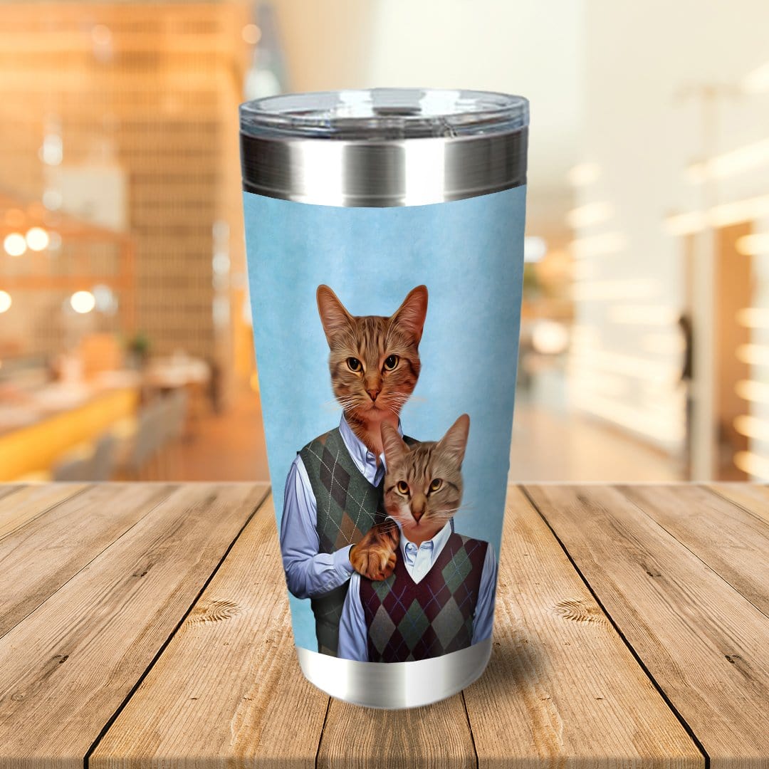 Personalized stainless steel tumbler with two custom cat portraits in argyle sweaters on a light blue background.