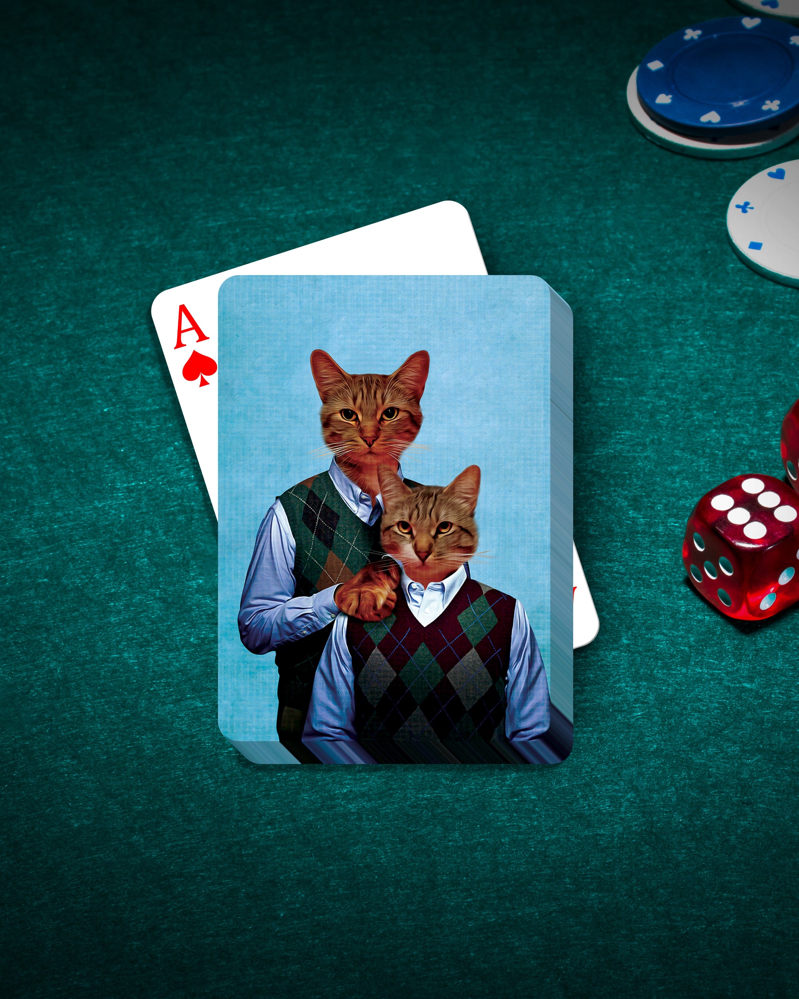 Custom 'Step Kitties' personalized playing cards featuring two cats in argyle sweaters, on a green poker table.