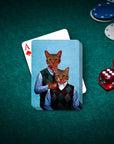 Custom 'Step Kitties' personalized playing cards featuring two cats in argyle sweaters, on a green poker table.