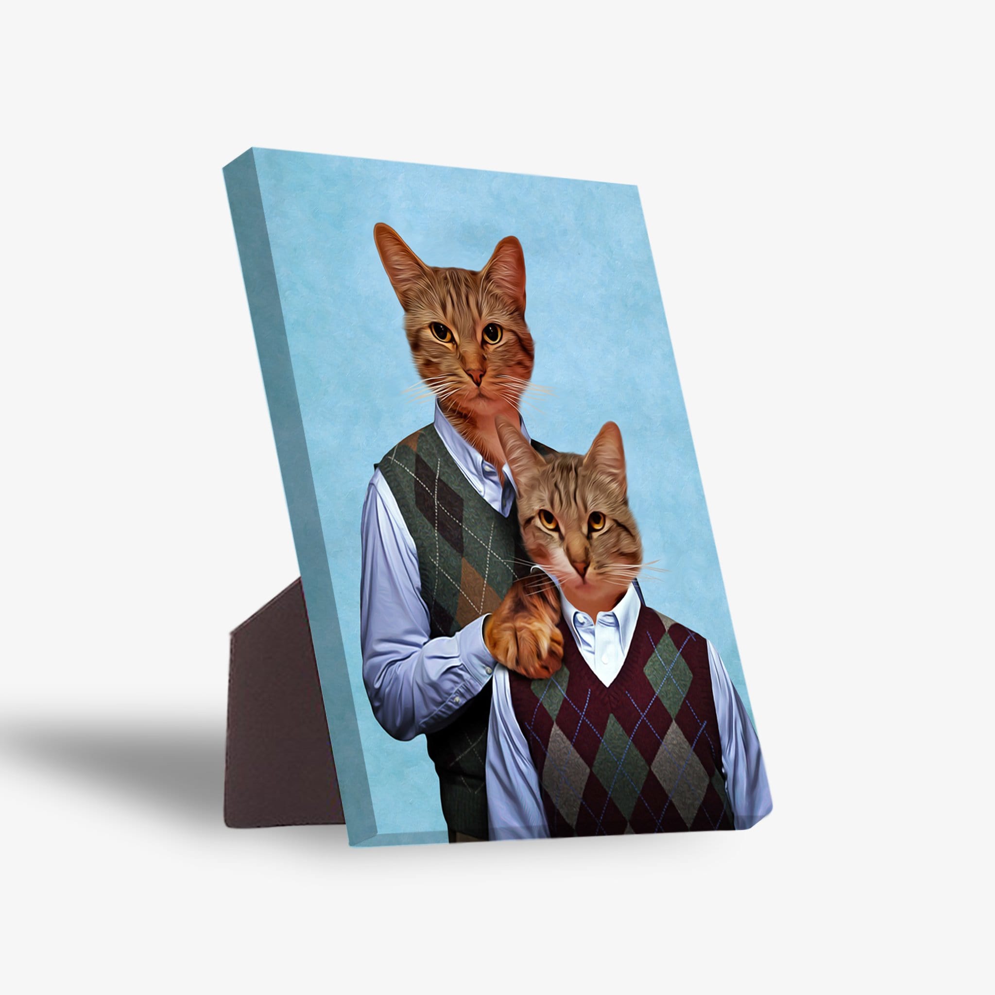 Personalized 'Step Kitties' standing canvas featuring two cats in argyle sweaters on a blue background.