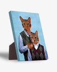 Personalized 'Step Kitties' standing canvas featuring two cats in argyle sweaters on a blue background.