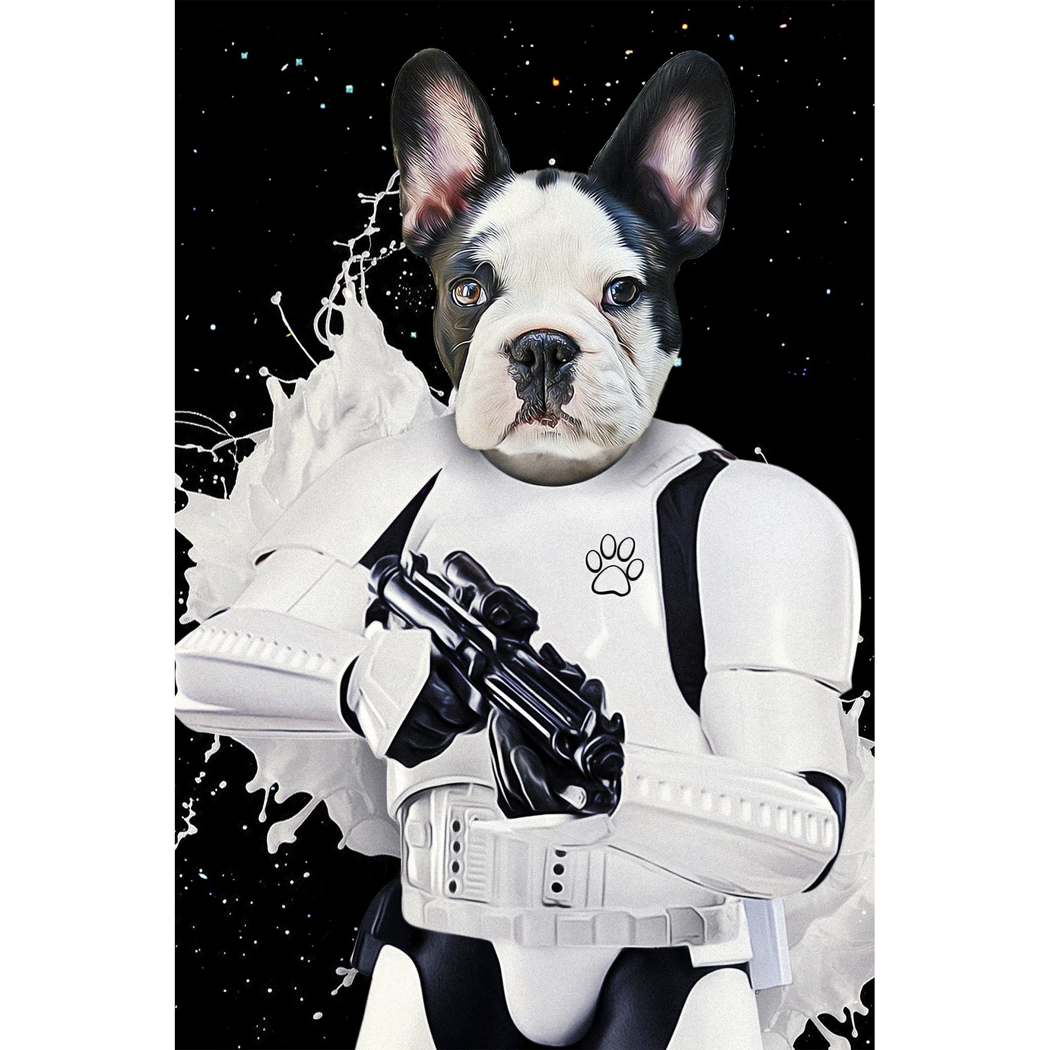 Custom digital portrait of a French Bulldog as a Stormtrooper, against a black, starry background.