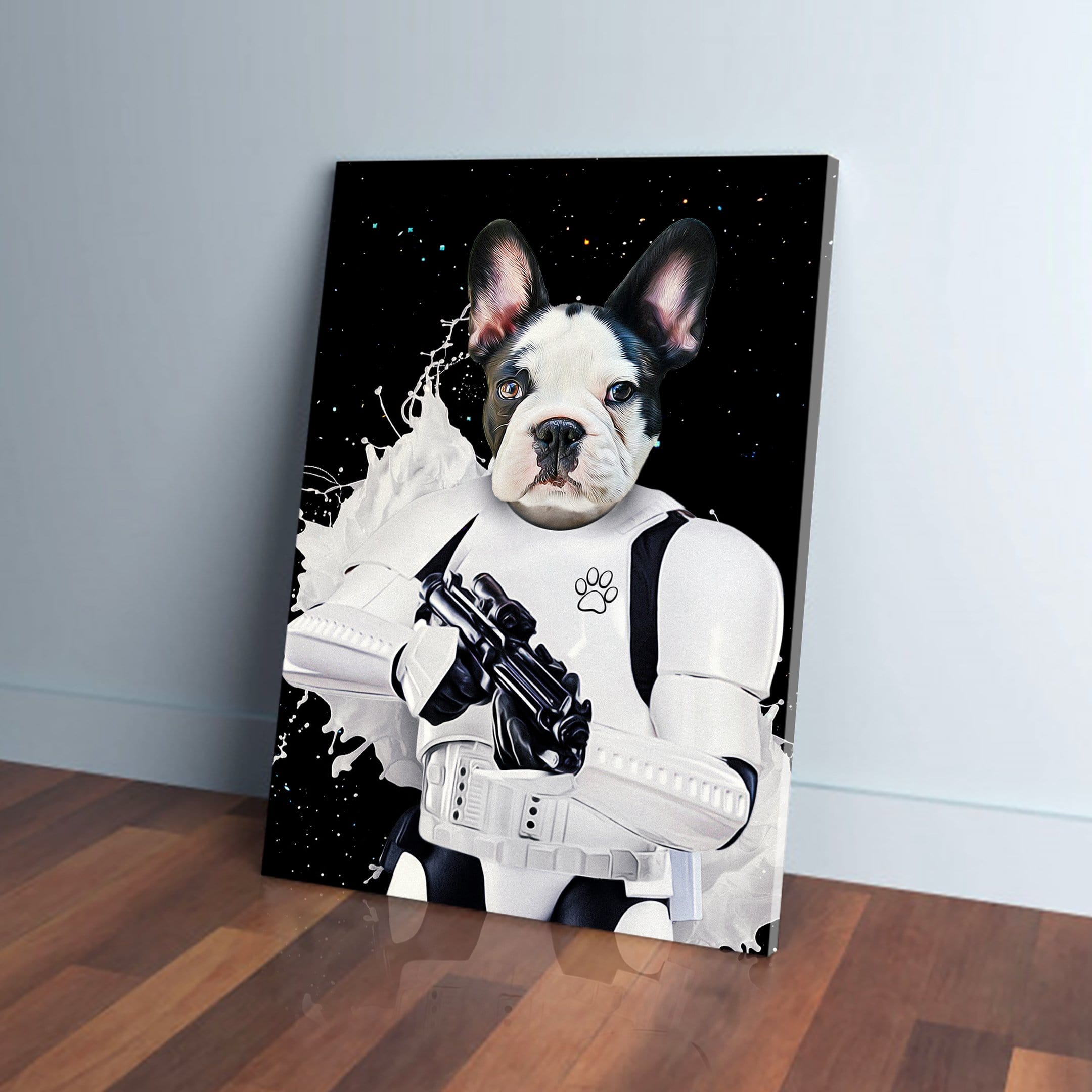 Personalized 'Storm Woofer' pet canvas featuring a French Bulldog in a white Stormtrooper suit against a black, starry background with white paint splatters.