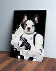 Personalized 'Storm Woofer' pet canvas featuring a French Bulldog in a white Stormtrooper suit against a black, starry background with white paint splatters.