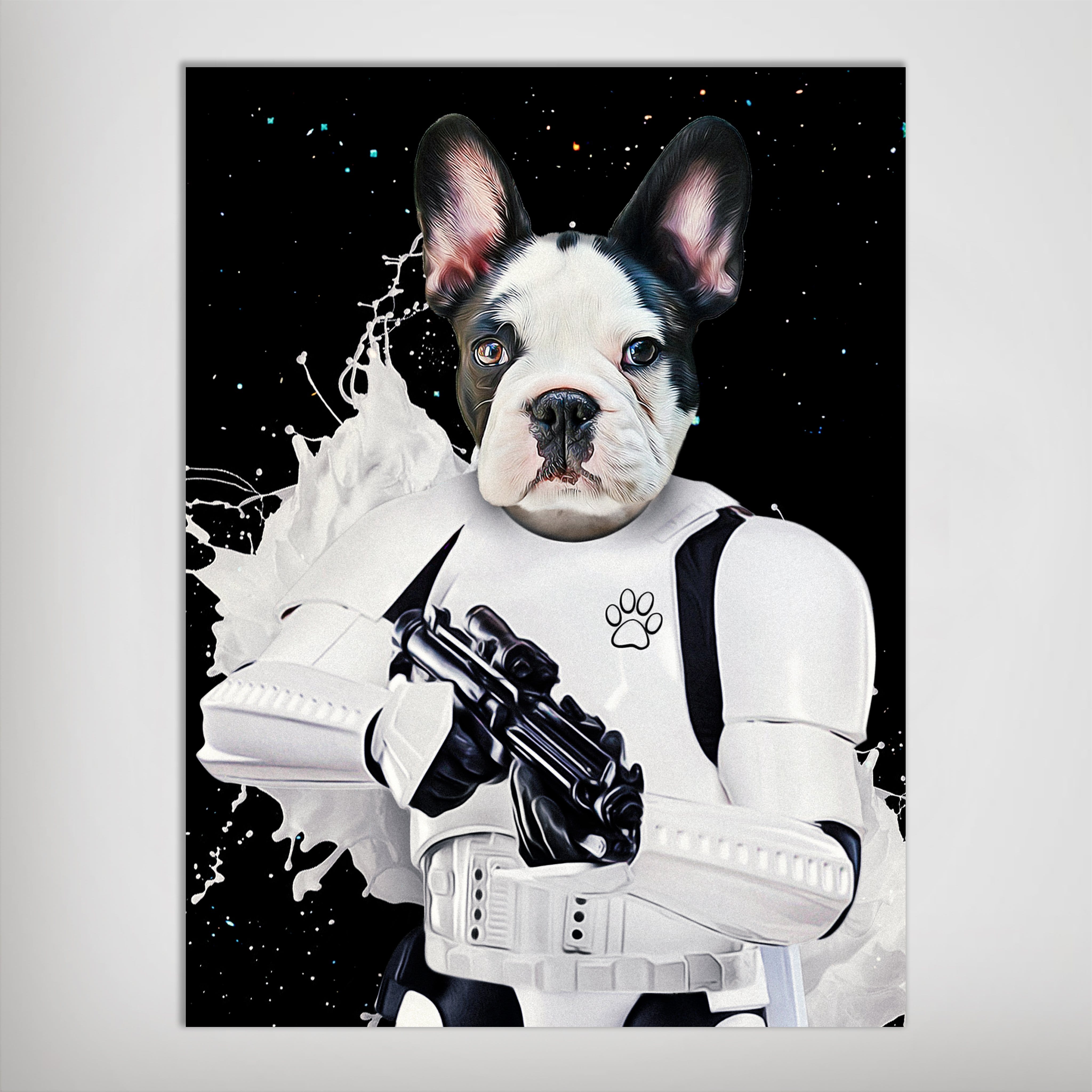 Personalized 'Storm Woofer' poster featuring a French Bulldog in white Stormtrooper armor against a starry black background.