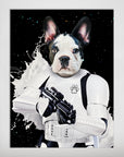 Personalized 'Storm Woofer' poster featuring a French Bulldog in white Stormtrooper armor against a starry black background.