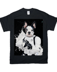 Black Gildan t-shirt with a French Bulldog in Stormtrooper armor, holding a blaster, against a black background.