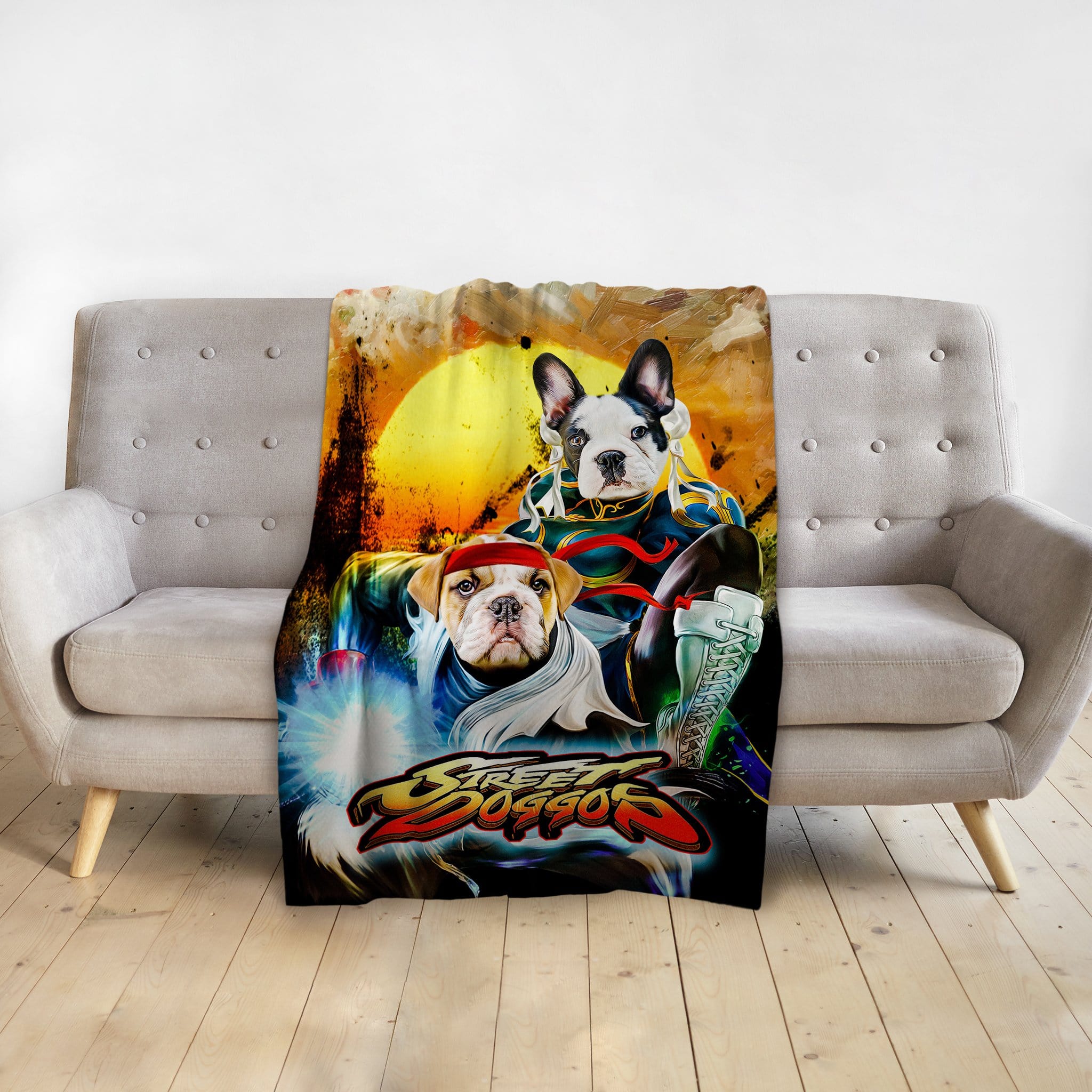 Personalized "Street Doggos 2" custom pet portrait blanket featuring two dogs in a vibrant, artistic style.