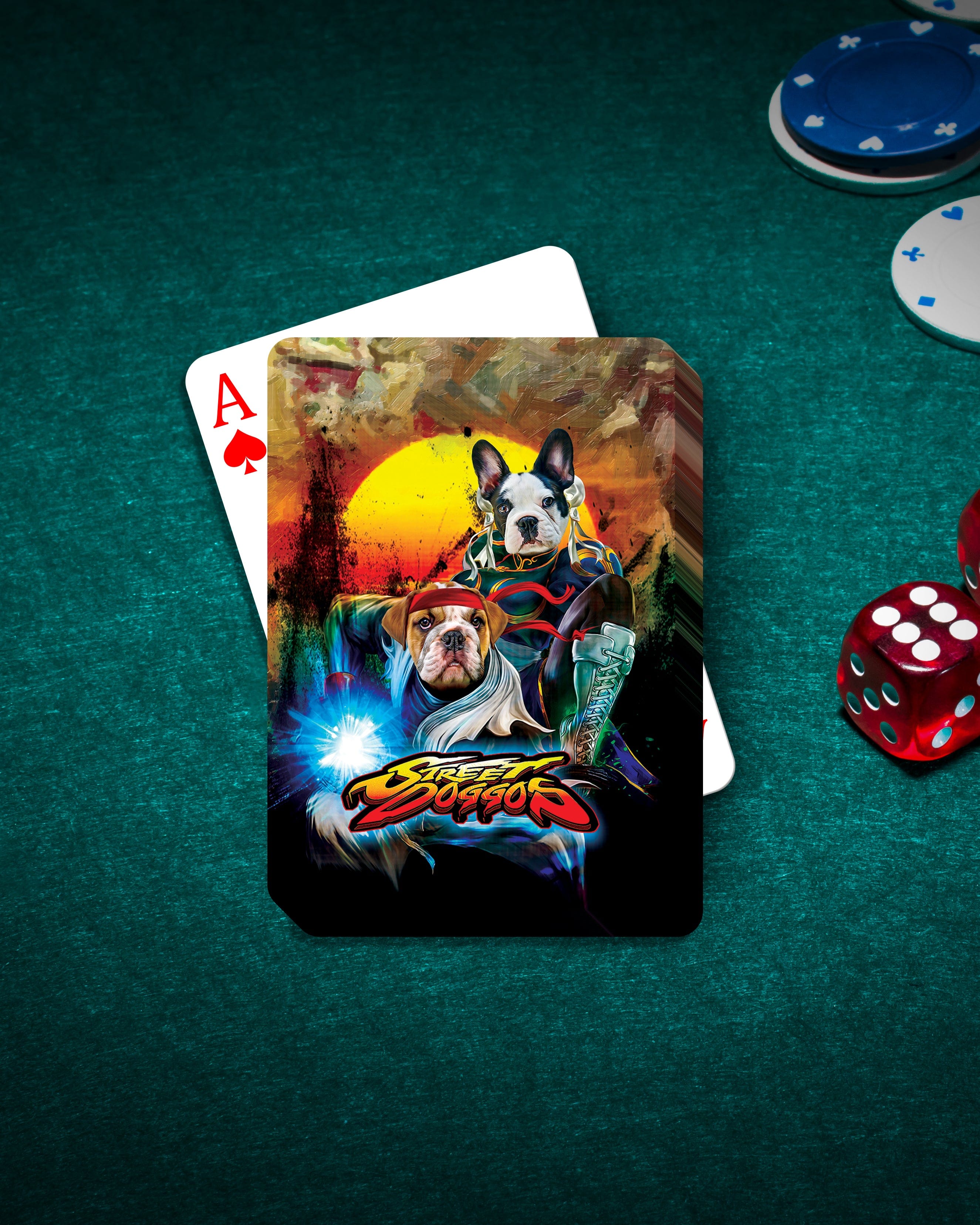 Personalized playing cards featuring two pets in a "Street Doggos 2" cartoon style on a green felt table.