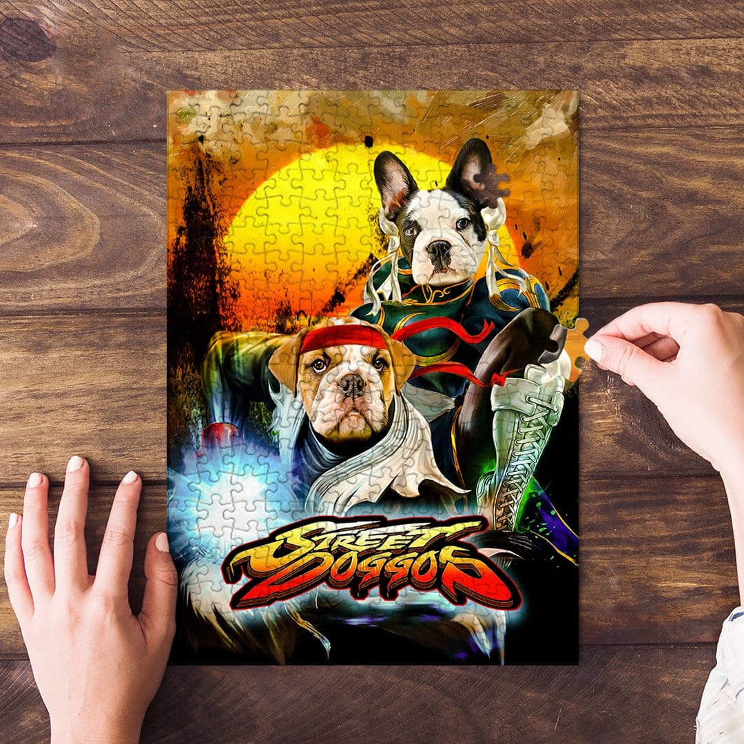 Personalized 2-pet puzzle featuring dogs in "Street Doggos 2" cartoon style on a wood table.