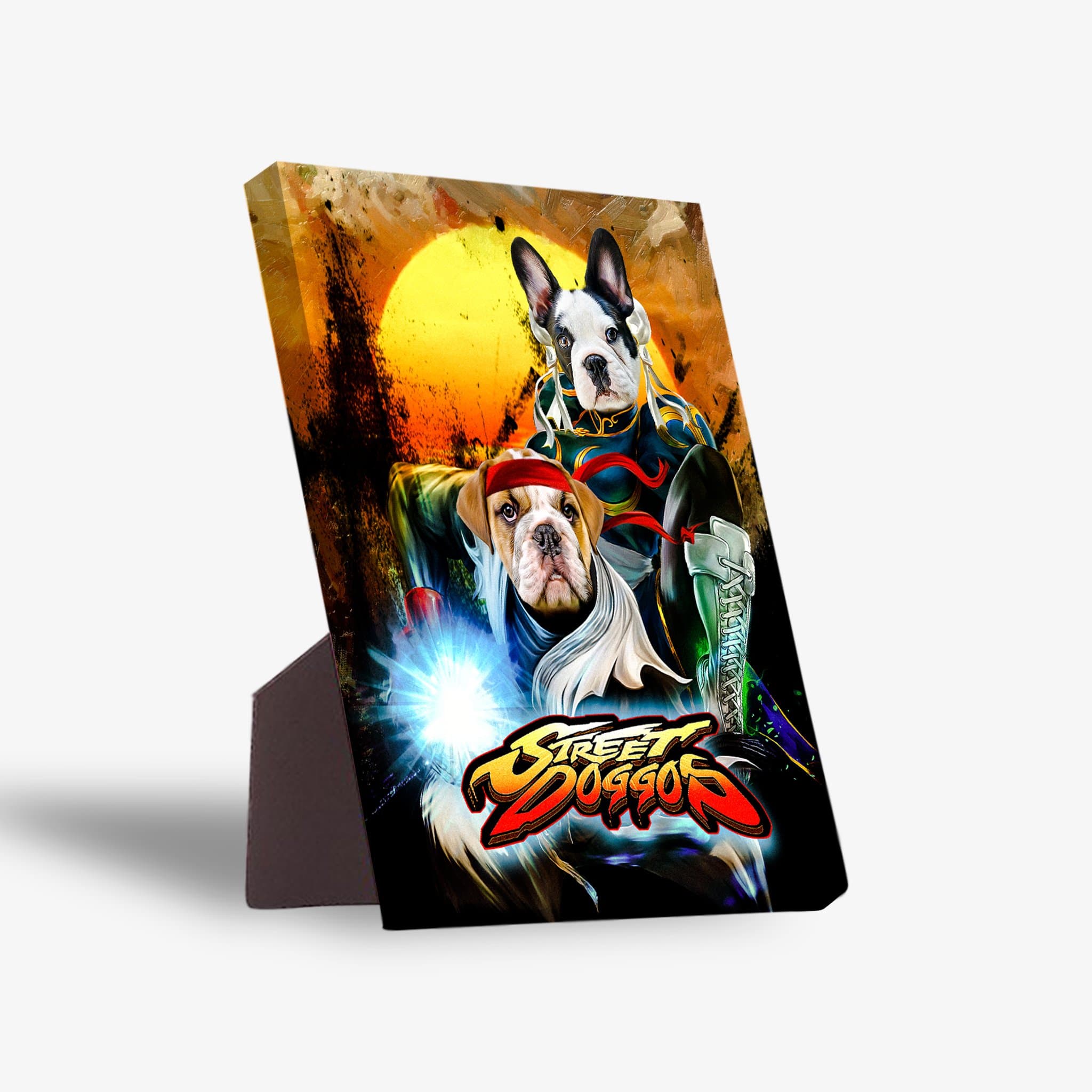 Personalized 'Street Doggos 2' standing canvas featuring two pets in fighter costumes against an orange sunset.