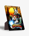 Personalized 'Street Doggos 2' standing canvas featuring two pets in fighter costumes against an orange sunset.
