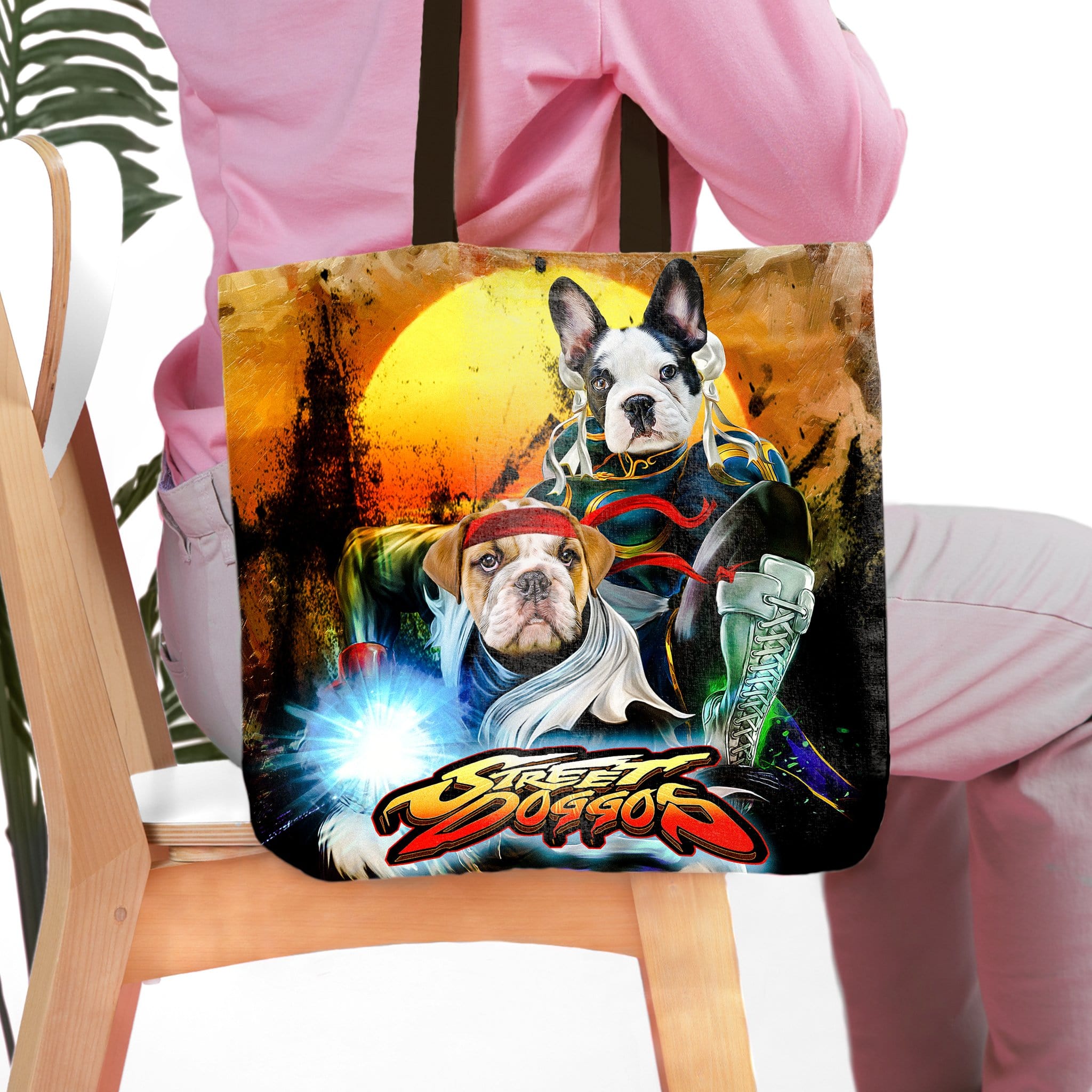 Personalized 2 pet tote bag with custom dog portraits in a "Street Doggos 2" cartoon style.