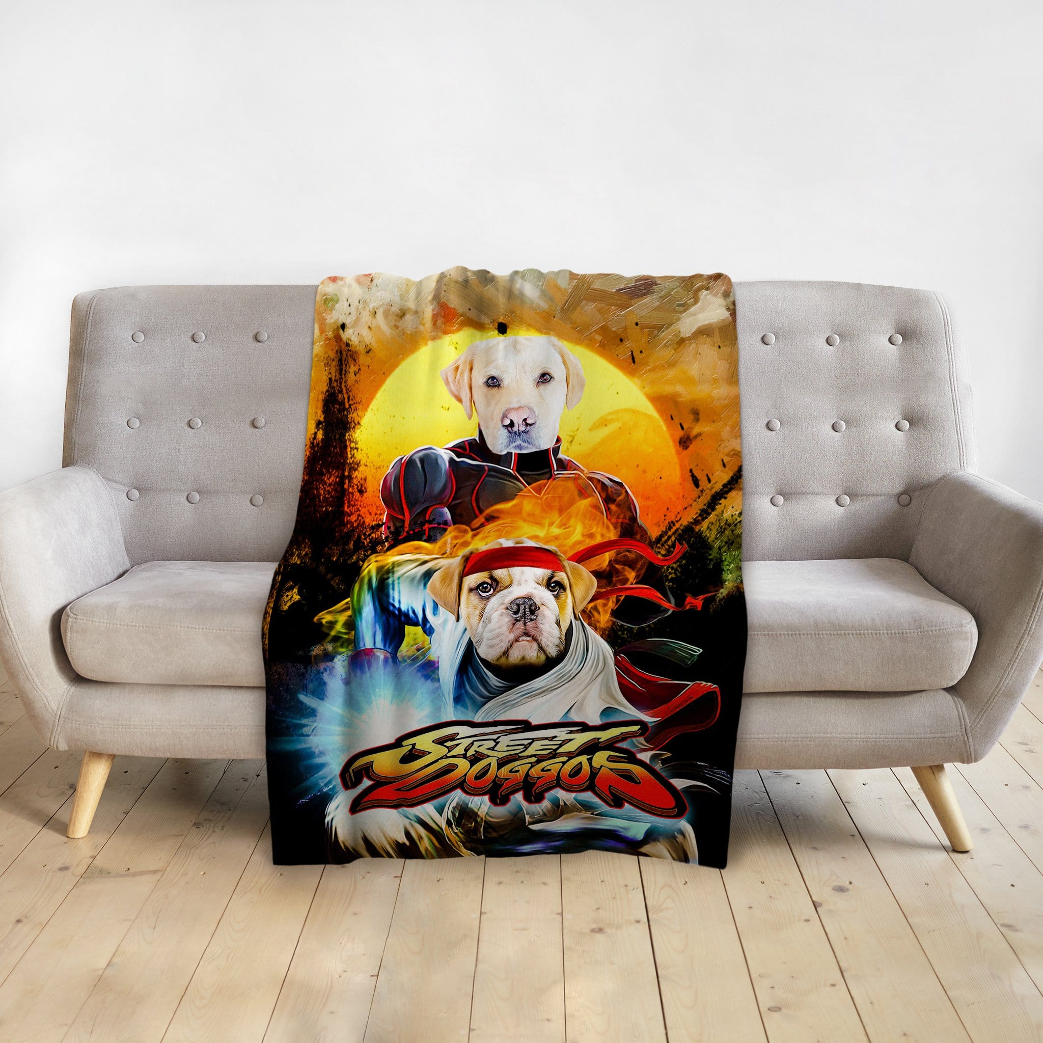 Custom personalized blanket with two dogs in Street Fighter style portraits.