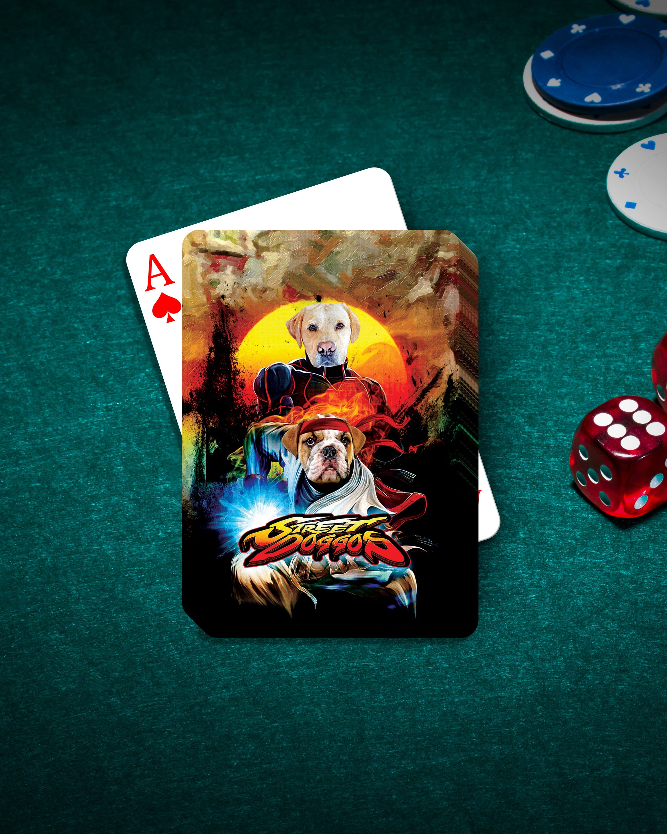 Custom Street Doggos personalized playing card featuring two dogs in a cartoon style, on a green felt table with poker chips and dice.