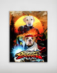 Personalized 'Street Doggos' poster featuring two pets as fighting game characters with a fiery sunset background.