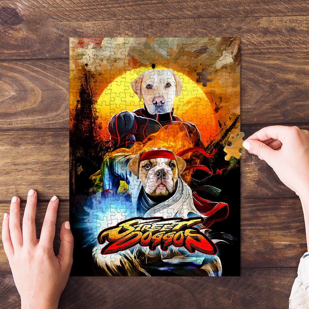 Personalized 'Street Doggos' 2 pet puzzle featuring a Labrador and Bulldog in a fighting game style.