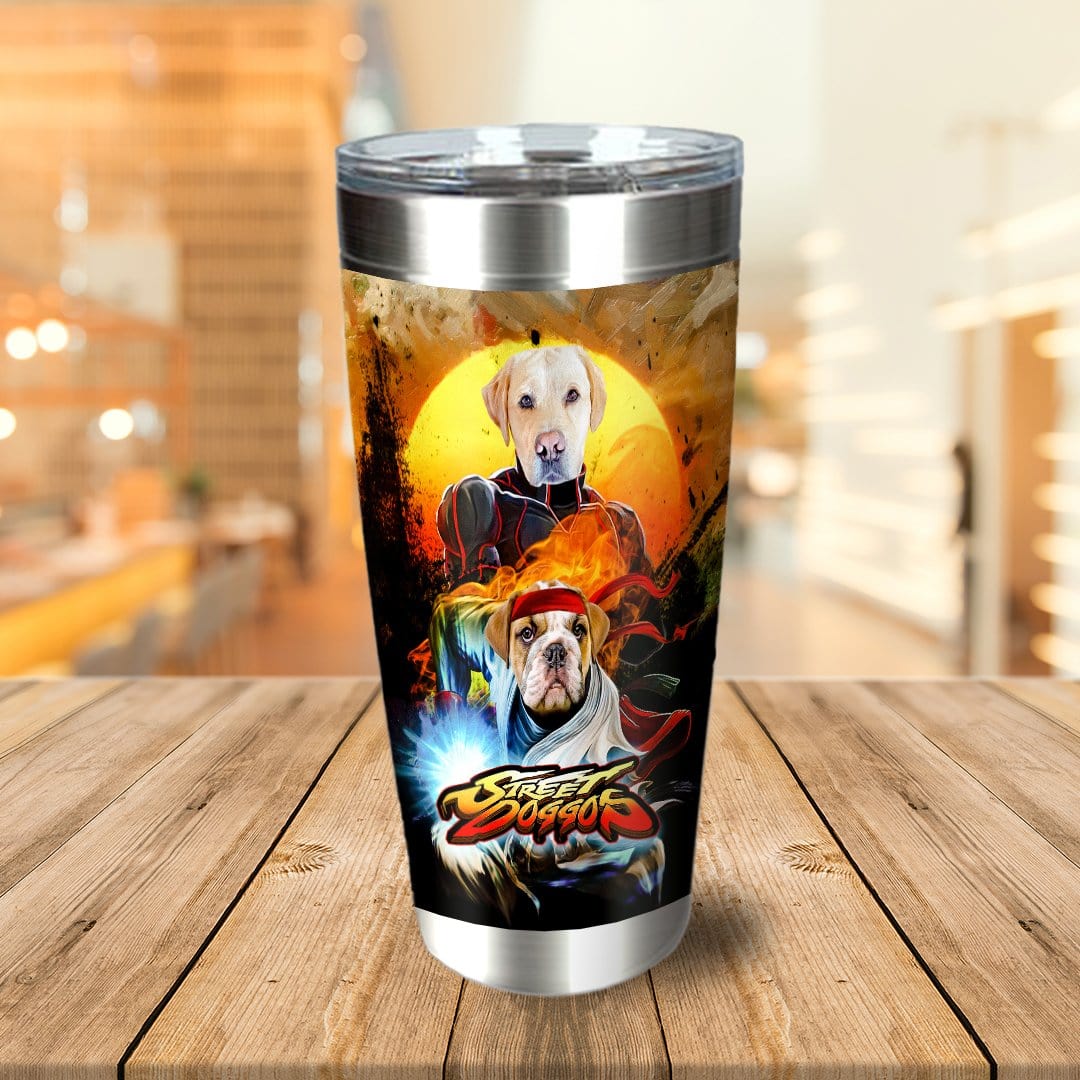 Personalized stainless steel tumbler with two custom pet portraits in a "Street Doggos" cartoon style.