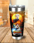 Personalized stainless steel tumbler with two custom pet portraits in a "Street Doggos" cartoon style.