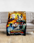 Personalized 'Street Doggos' blanket featuring three pets in a vibrant, cartoon-style portrait.