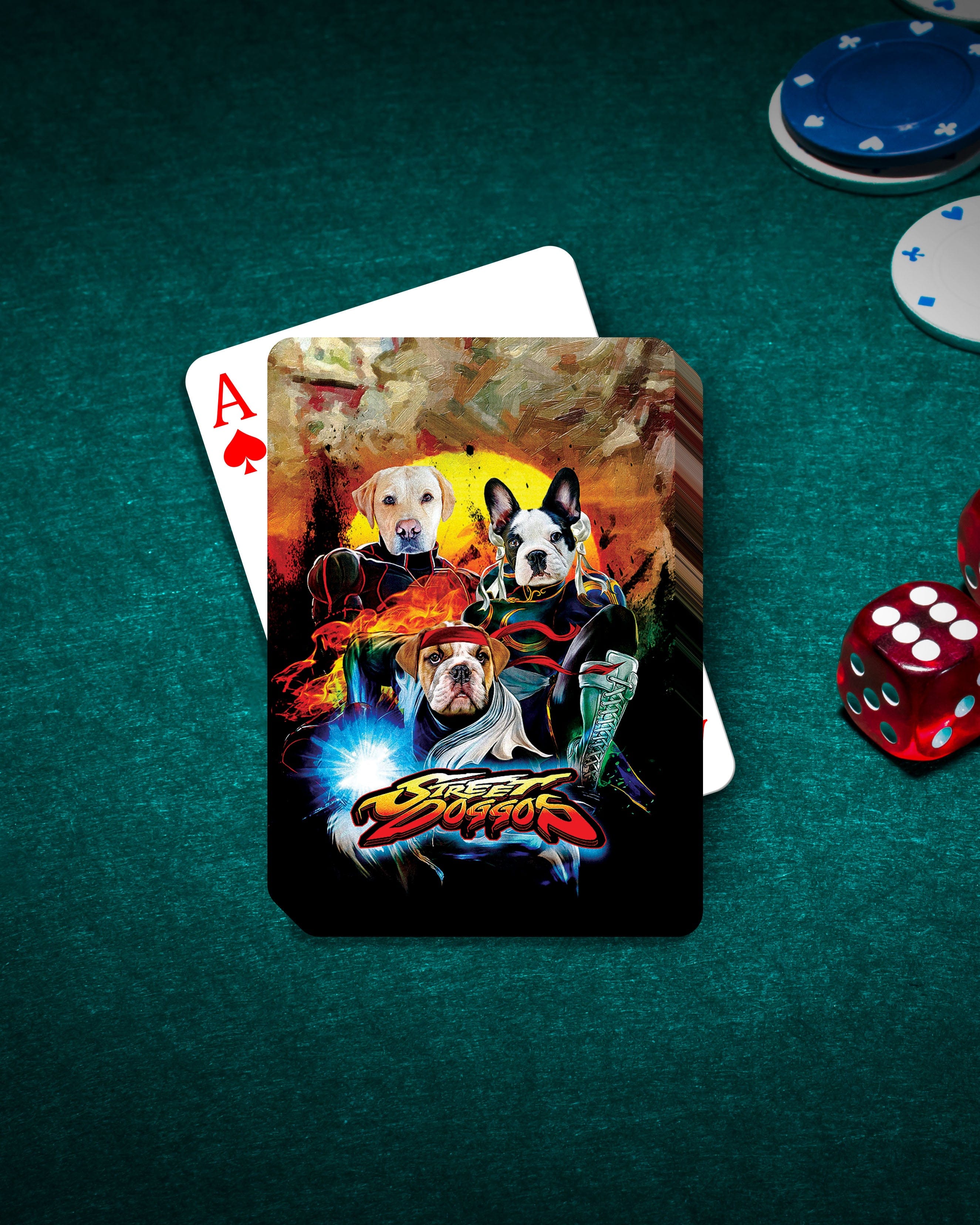Personalized playing cards featuring three pets in a "Street Doggos" cartoon style, on a green poker table with chips and dice.