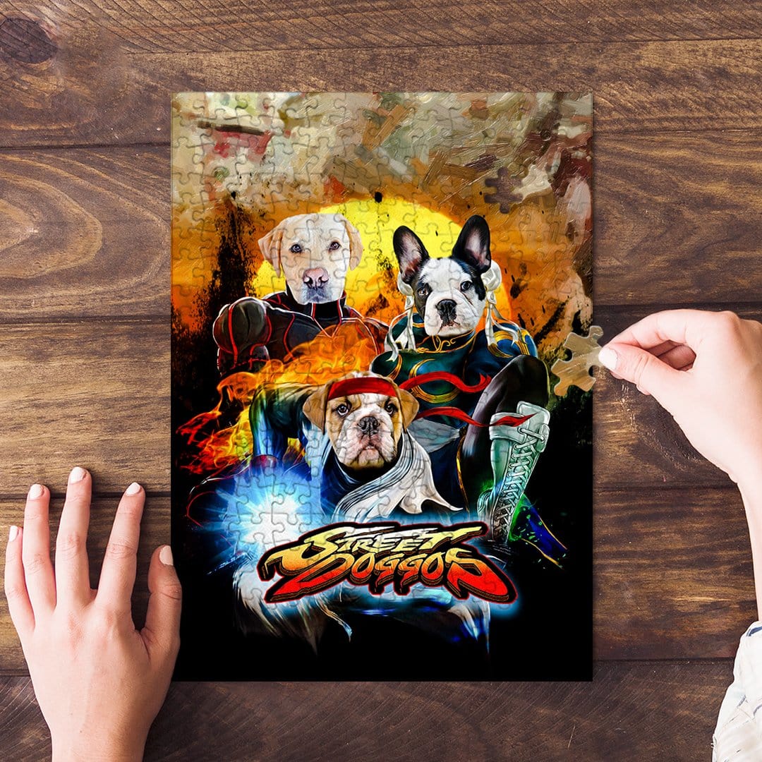 Personalized 'Street Doggos' puzzle featuring three custom pet portraits in a fighting game style.
