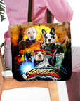 Personalized 'Street Doggos' tote bag featuring custom cartoon portraits of three dogs in fighting game attire.
