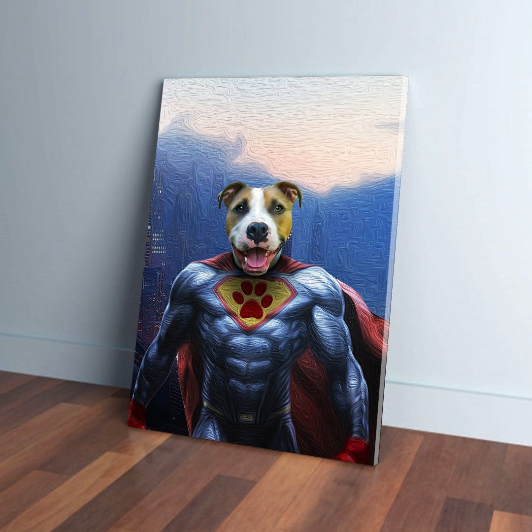 Personalized 'Super Dog' pet canvas featuring a dog's head on a superhero body with a red paw print emblem.