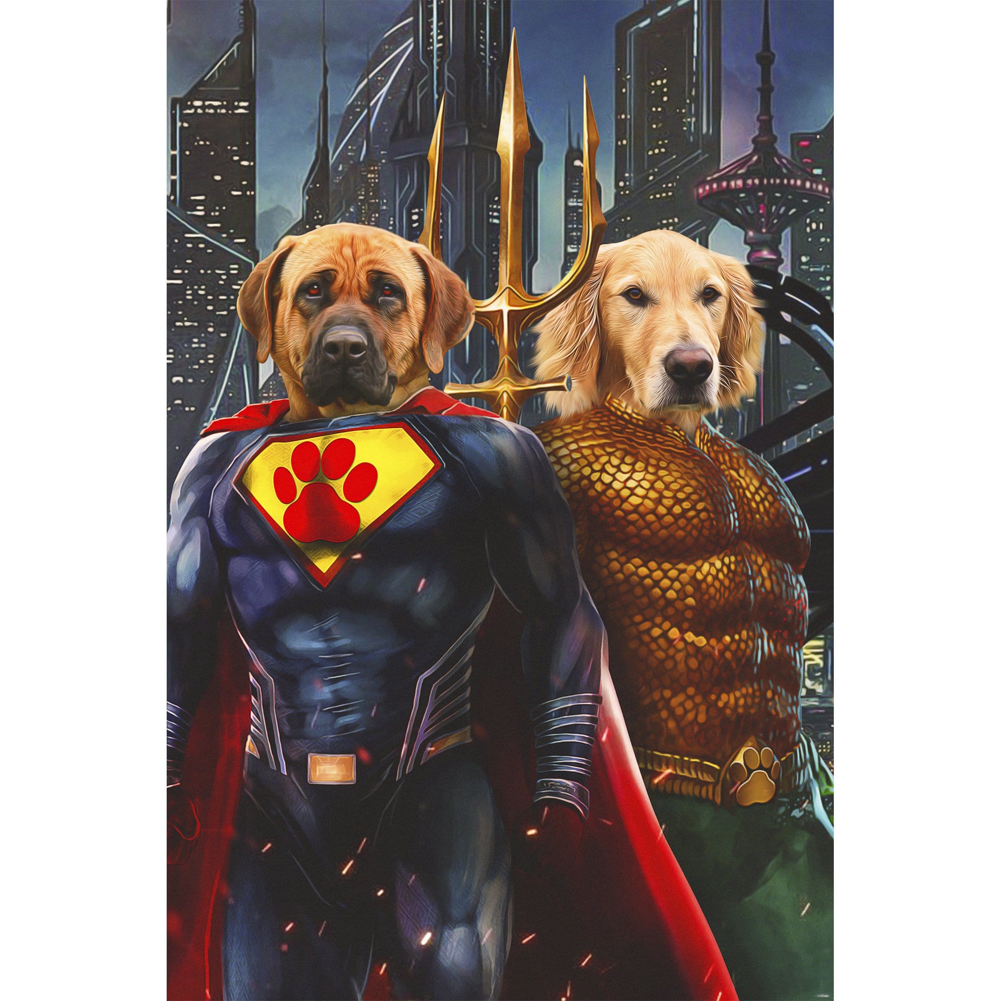 Custom digital portrait of two dogs as Superdog and Aquadog superheroes against a city backdrop.