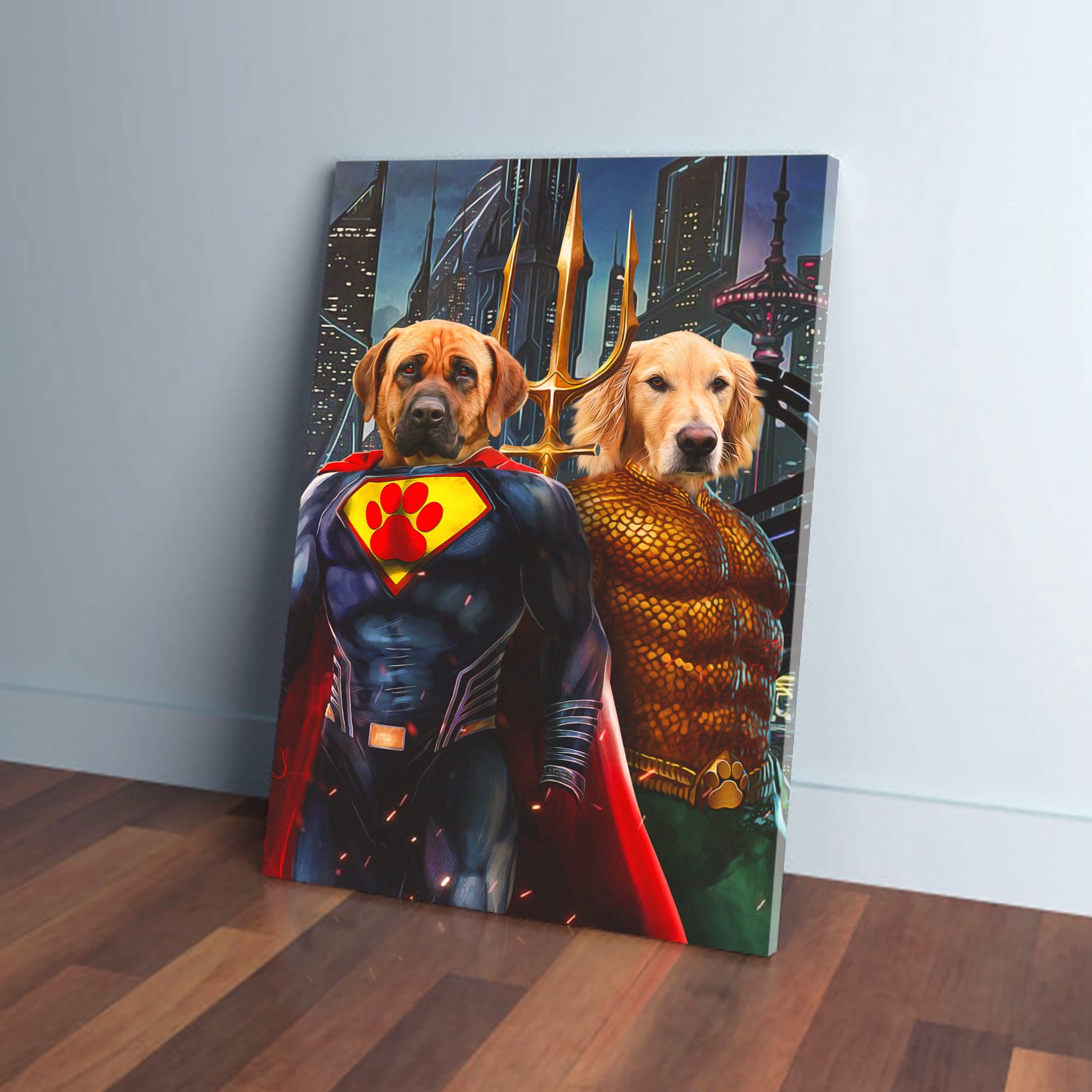 Personalized Superdog & Aquadog canvas featuring two dogs in superhero costumes, leaning against a wall.
