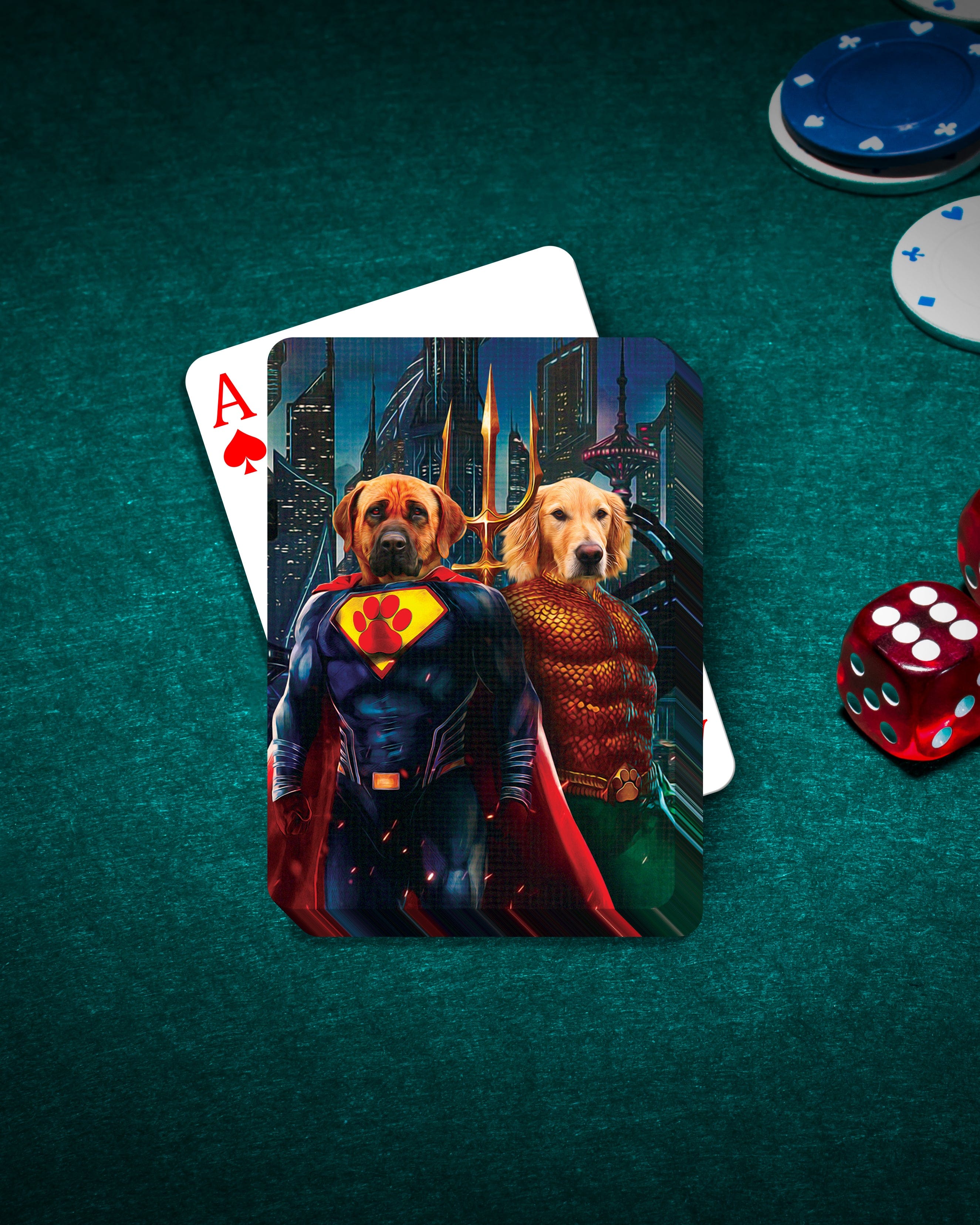 Custom Superdog and Aquadog personalized playing cards featuring two dogs in superhero costumes.