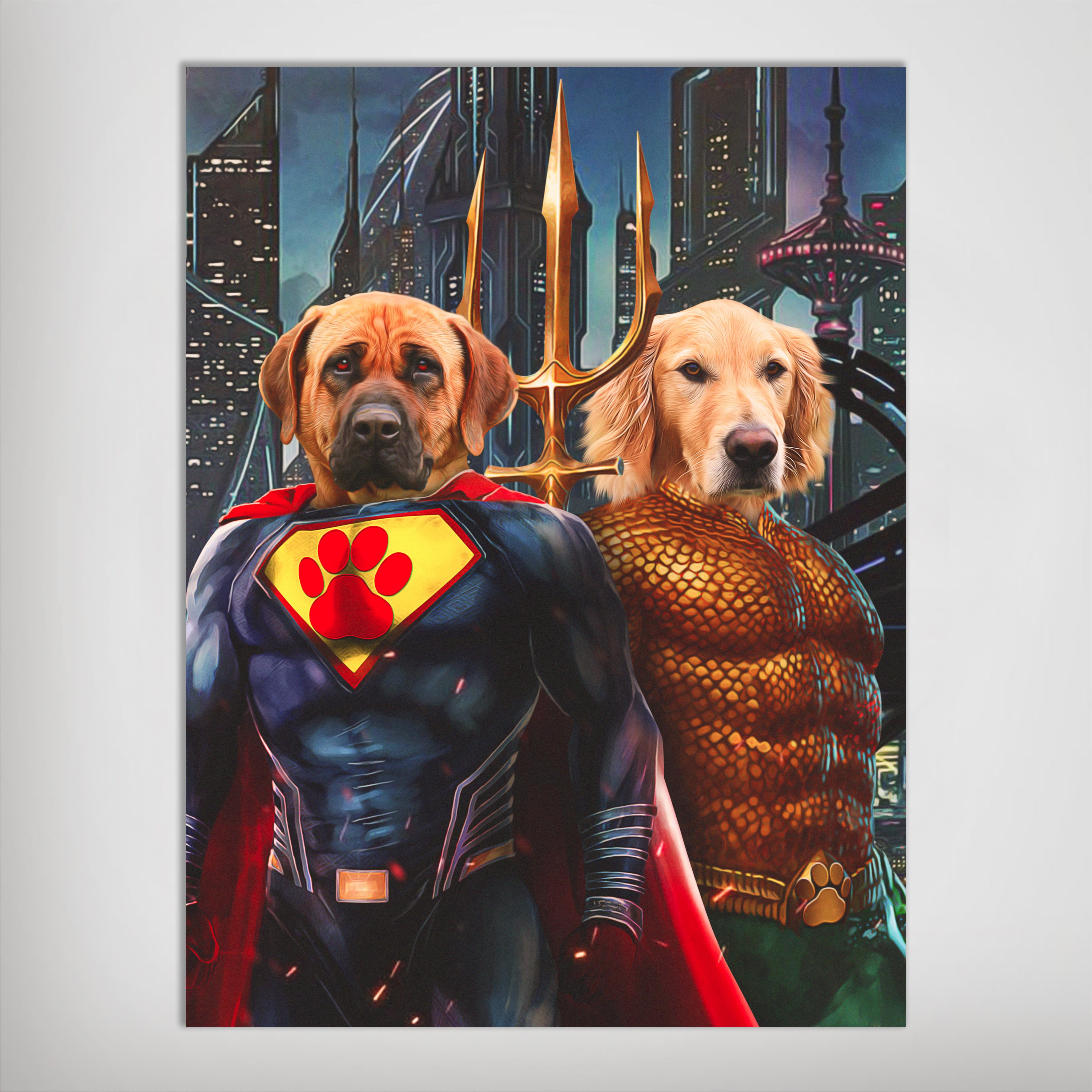 Personalized 'Superdog & Aquadog' poster featuring two dogs as superheroes against a city skyline.