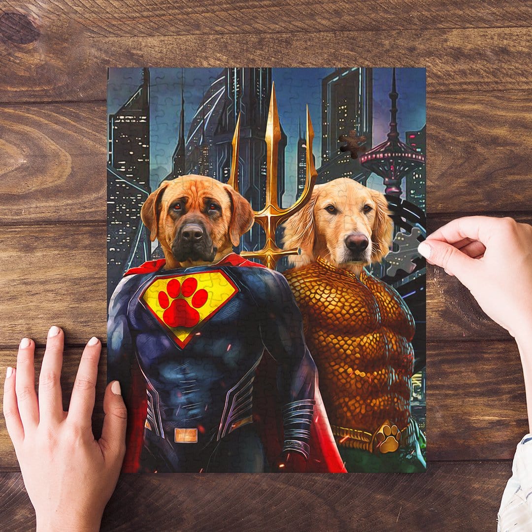 Personalized 2-pet puzzle featuring a Mastiff as Superdog and a Golden Retriever as Aquadog, set against a city skyline.