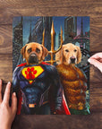 Personalized 2-pet puzzle featuring a Mastiff as Superdog and a Golden Retriever as Aquadog, set against a city skyline.